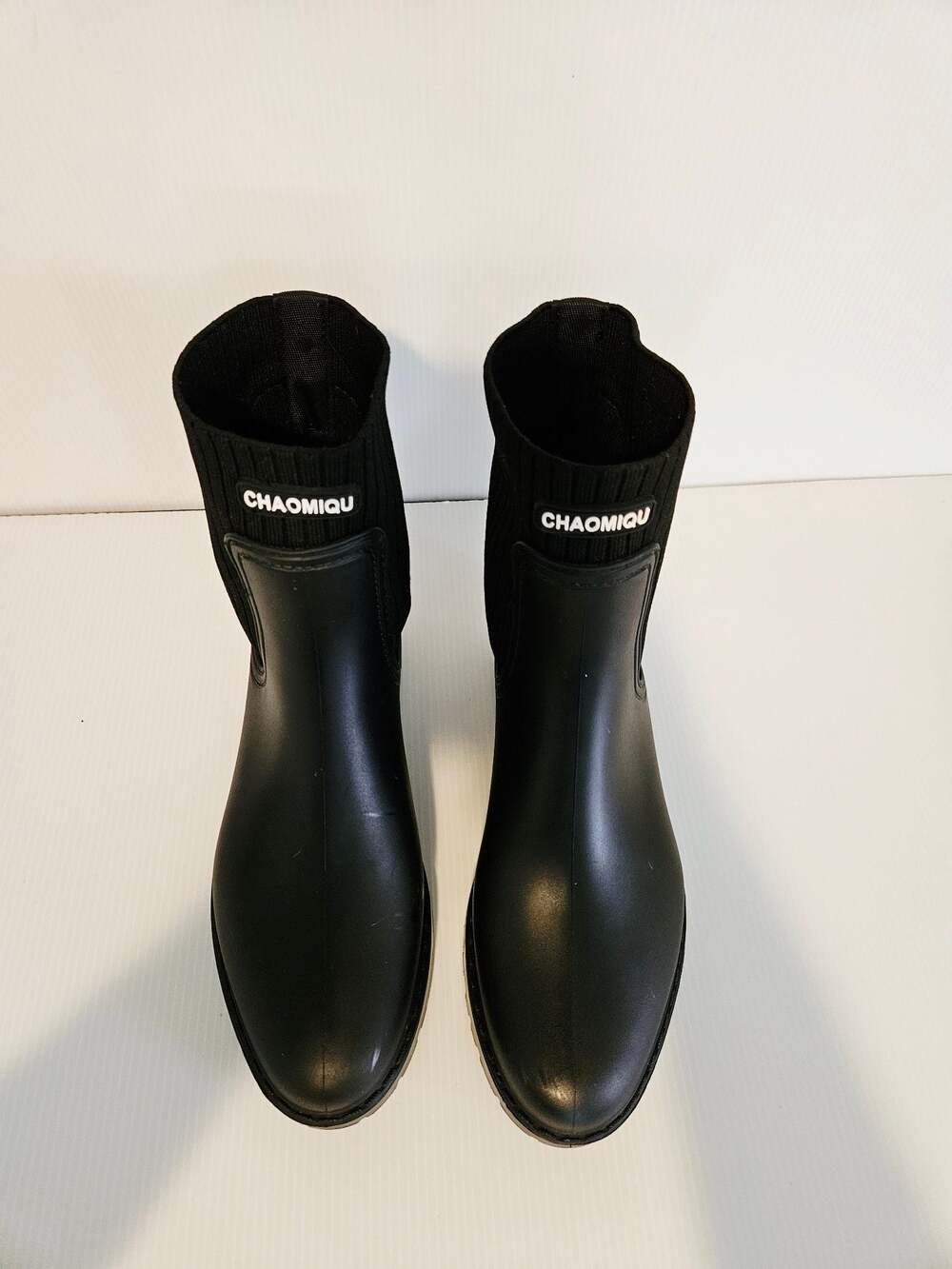 CHAOMIQU Women's Mid-Calf Black Waterproof Rain Boots with Ribbed Knit Cuff - Picture 4 of 11